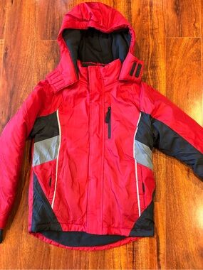 Arizona Jean Company Red Hooded Puffer Jacket with Black & Gray Accents